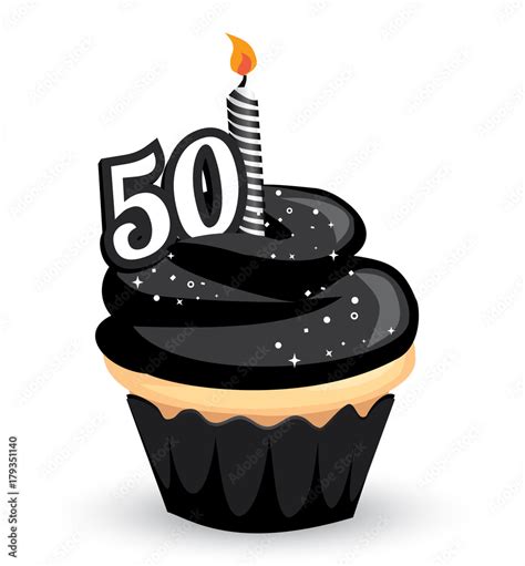 50th Birthday Clip art Cupcake with sparkly black icing and number 50 candle vector de Stock ...