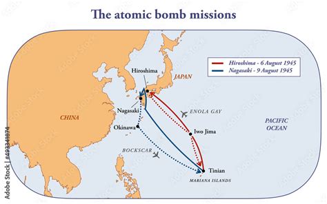 Flight map of the atomic bomb missions in Hiroshima and Nagasaki in 1945 Stock Illustration ...