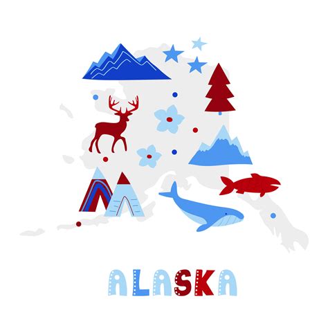 USA map collection. State symbols on gray state silhouette - Alaska ...