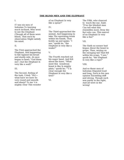 THE Blind MEN AND THE Elephant - THE BLIND MEN AND THE ELEPHANT I. IT was six men of Indostan To ...