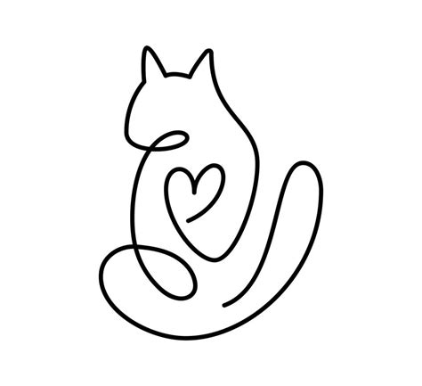 Cute one line vector cat with heart. Minimalist cat in abstract hand ...