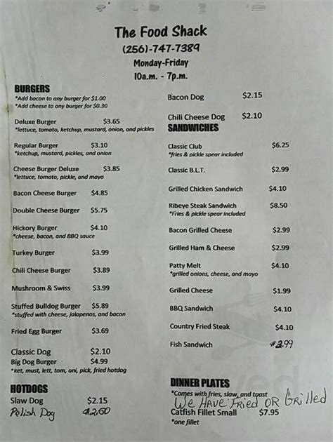 The Food Shack menus in Addison, Alabama, United States