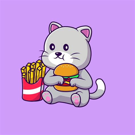 Cute Cat Eating Burger And French Fries Cartoon Vector Icons Illustration. Flat Cartoon Concept ...