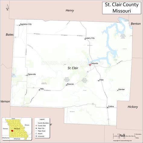 Map of St Clair County, Missouri showing cities, highways & important ...