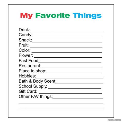 Favorite Things List Printable - Printable Word Searches