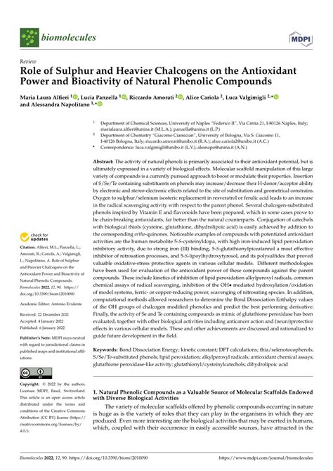 (PDF) Role of Sulphur and Heavier Chalcogens on the Antioxidant Power and Bioactivity of Natural ...