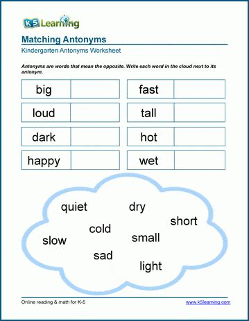 Antonyms Worksheet For Kindergarten