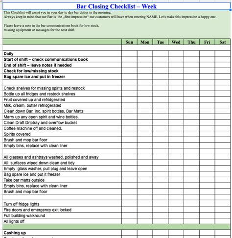 Free Bar cleaning, opening and closing checklist Template google sheets - SheetsIQ