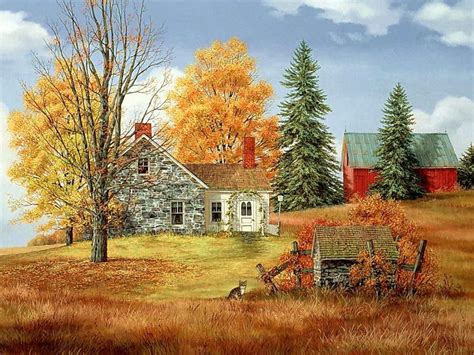 farmhouse wallpaper,natural landscape,tree,painting,rural area,house ...