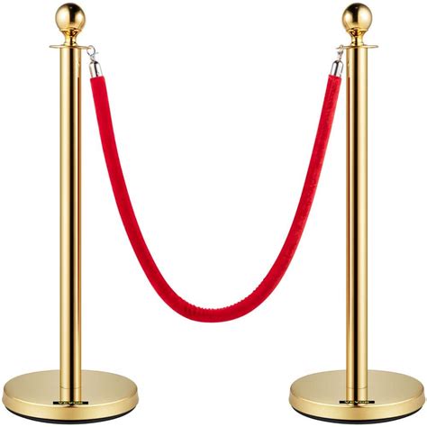 VEVOR Velvet Ropes and Posts 5 ft. Red Rope Stainless Steel Gold Stanchion w/Ball Top Stanchion ...