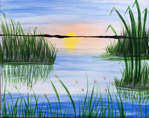 Easy lake painting with marsh grass and sunset. Paint Nite | Lake painting, Sunset canvas ...