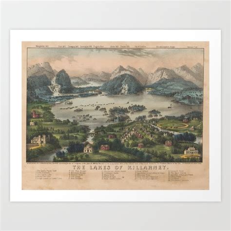 Vintage Lakes of Killarney Pictorial Map (1868) Art Print by ...