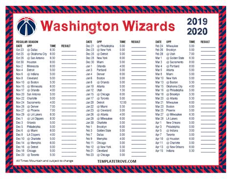 Printable 2019-2020 Washington Wizards Schedule