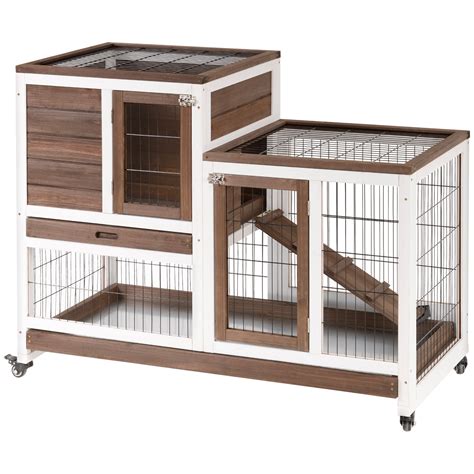 PawHut Wooden Rabbit Hutch Elevated Bunny Cage Indoor Small Animal Habitat with Enclosed Run ...