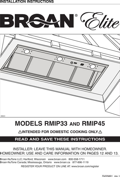 Broan Broam Elite Range Hood Users Manual Rmip33 & Rmip45 (SV05861 Rev.I)