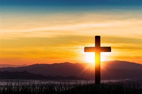 Silhouette Of Cross On Mountain Sunset Background Stock Image - Image of cross, heaven: 135973895