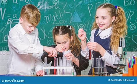 Focusing on Work. Little Children at Laboratory. Students Doing Biology Experiments with ...