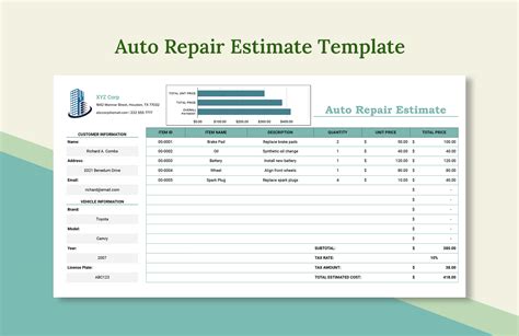 Auto Repair Estimate Template - Download in Excel, Google Sheets ...