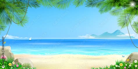 Wide tropical beach banner background and palm Stock Vector | Adobe Stock