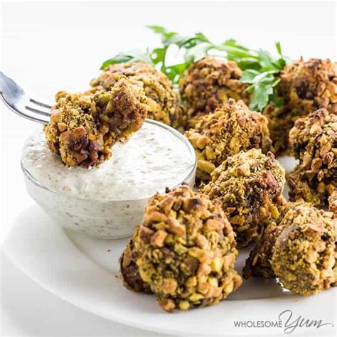 Crumbed Mushrooms Recipe w/ Pistachios & Caper Dip (Paleo, Low Carb)