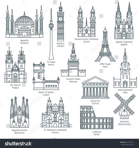 Set of attractions of Europe. Famous European landmarks icons. Vector illustration #Ad Europe# ...