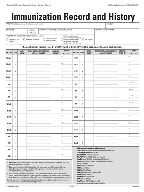 Printable Immunization History Form - Printable Forms Free Online