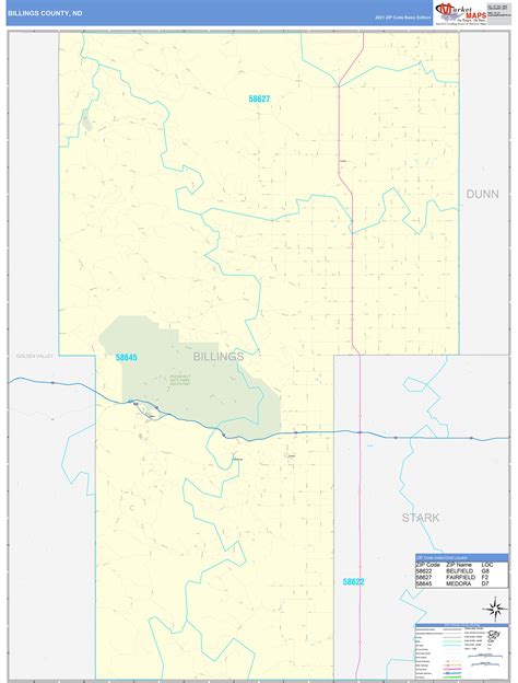Billings County, ND Zip Code Wall Map Basic Style by MarketMAPS ...