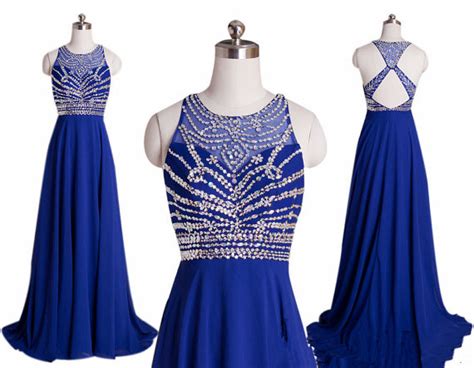 Royal Blue Prom Dresses Elegant A Line Beaded Halter Bandage Backless Sparkly 2016 New Chiffon ...
