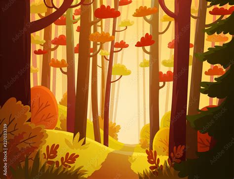 Cartoon forest in autumn with red and orange colored vegetation ...