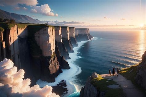 Premium AI Image | A painting of a cliff with a view of the ocean and ...