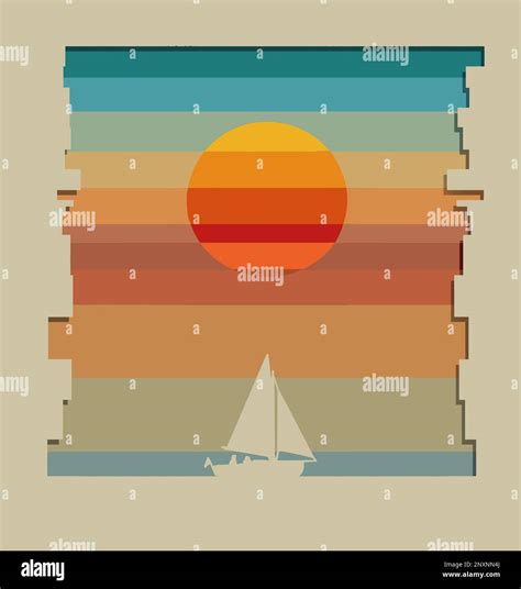 Pastel colored stripes are seen in this 3-d illustration of a sailboat sunset. This is done as a ...