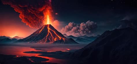 Premium Photo | Volcano eruption at night panorama Generative AI