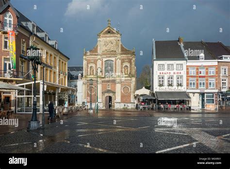 Sittard markt,Netherlands, dark clouds over square, centre of town with saint michaels church ...