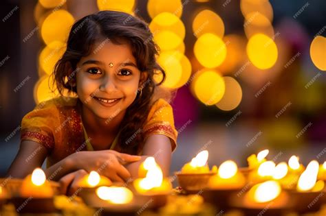 Premium AI Image | Cute Indian little girl holding diya or oil lamps for Diwali Celebration