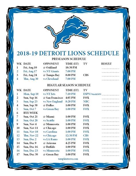 2018 Detroit Lions Schedule, Ny Giants, Tampa Bay, Cbs, Bullet Journal ...