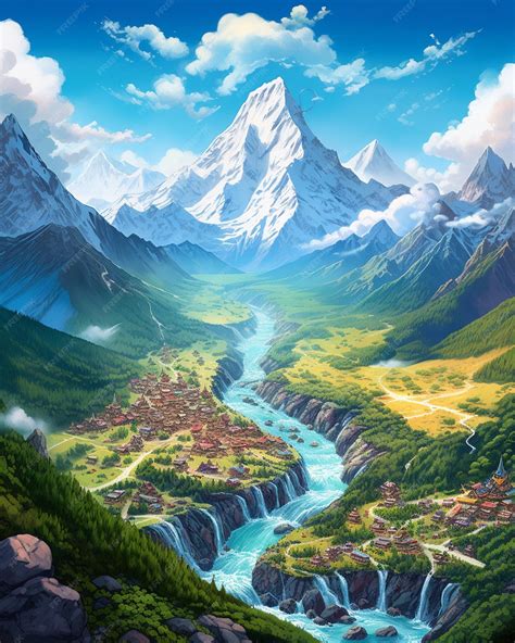 Premium AI Image | A painting of a mountain landscape with a river ...