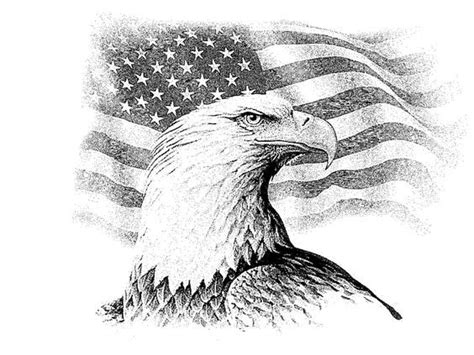 an eagle with the american flag on it's back and head in black ink