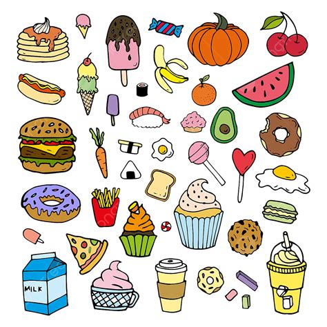 Doodle Set Vector PNG Images, Color Food Cartoon Doodles Set, Car ...