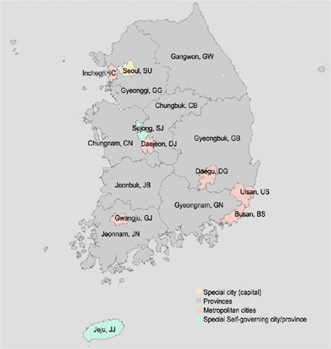 Regional divisions of South Korea. Seoul (SU) is the capital city of ...