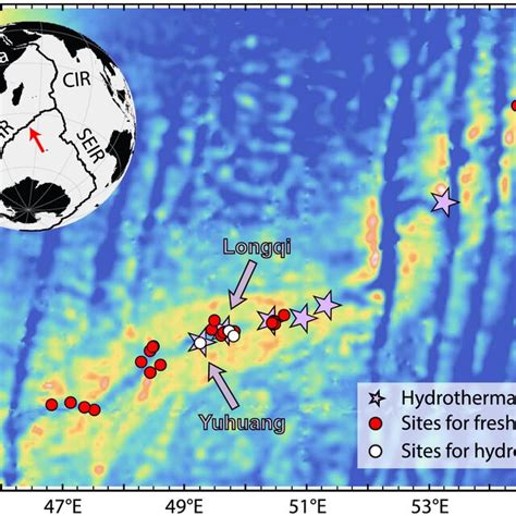 Bathymetry map with known hydrothermal vents and sampling sites. The ...