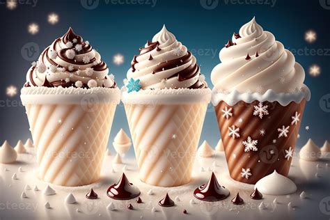 Chocolate vanilla ice cream cone ads with ice cubes and snowflakes by ...