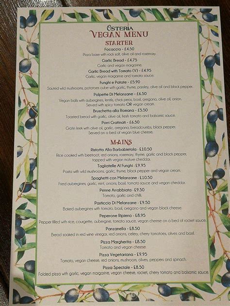 Menu at Osteria Italian Restaurant, Hull