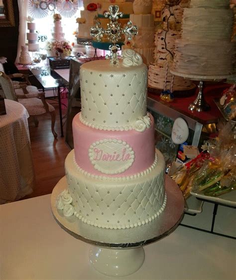 Pink & white christening cake. www.facebook.com/carinaedolce www.Carinaedolce.com #carinaedolce ...