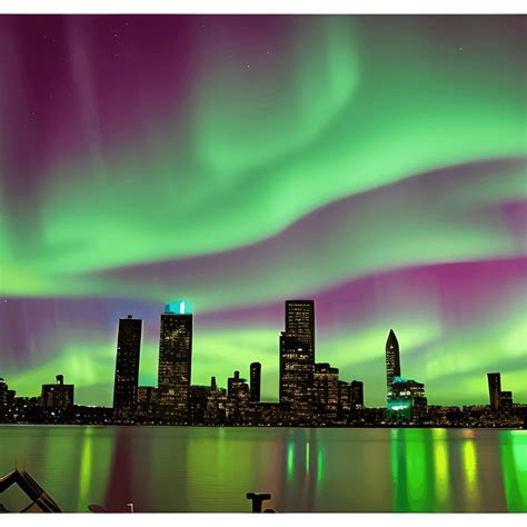 New York City Skyline with Green Aurora Lights · Creative Fabrica