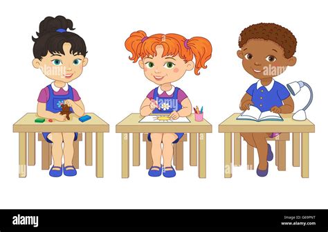 Funny pupils sit on desks read draw clay cartoon illustration Stock ...