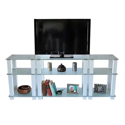 RTA Frosted Glass 75 inch TV Stand with Side Storage Shelves White TVM-0075W