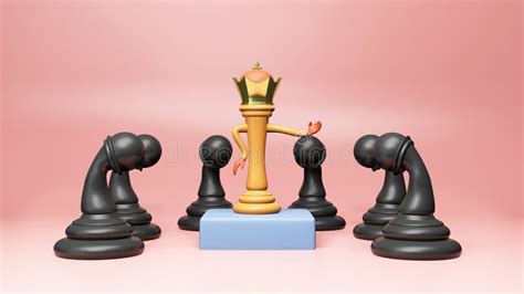 3D Golden King Chess Over Podium and Pawn Piece on Glossy Pink Stock ...