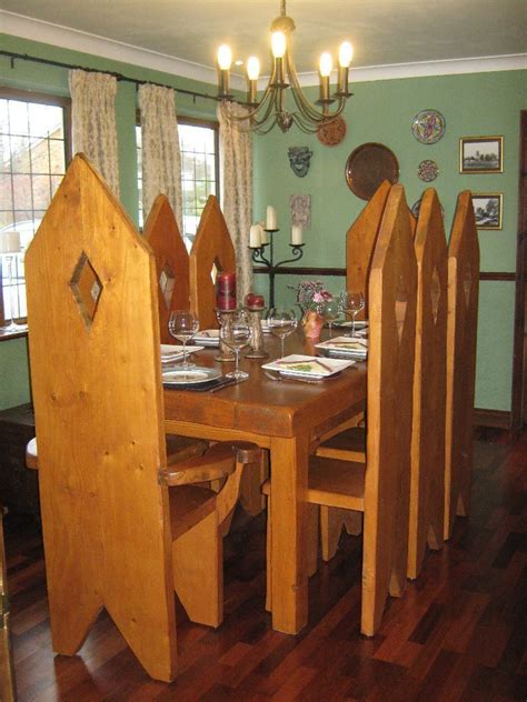 Bespoke, Gothic style, solid pine dining table with 8 chairs, including ...