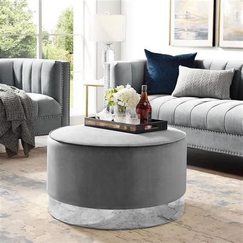 Posh Living Suchada Velvet Round Cocktail Ottoman in Gray/Chrome