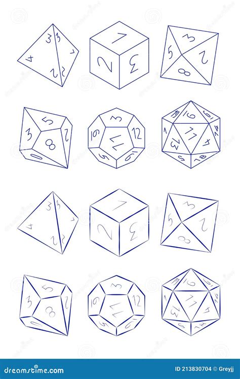 D4, D6, D8, D10, D12, And D20 Dice For Boardgames In Outline Style Vector Illustration ...